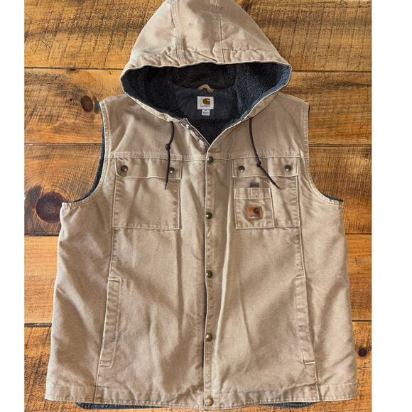 Carhartt Sandstone Multi-Pocket Hooded Canvas Sherpa Lined Vest Chore Barn XL - Picture 1 of 16